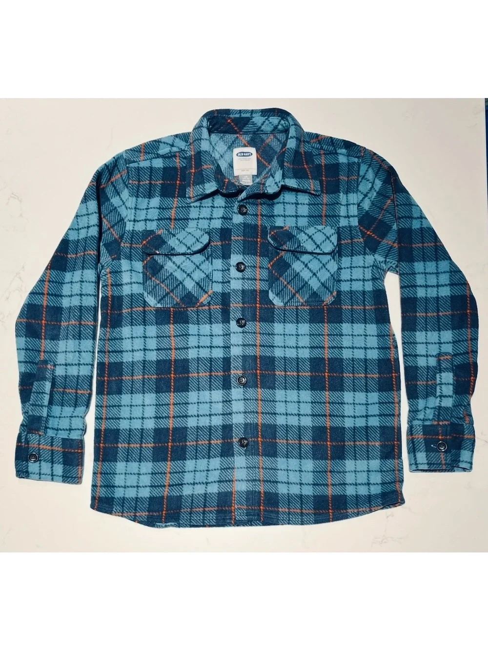Old Navy • 10/12 L • Boys Fleece Plaid Button Up Long Sleeve Top